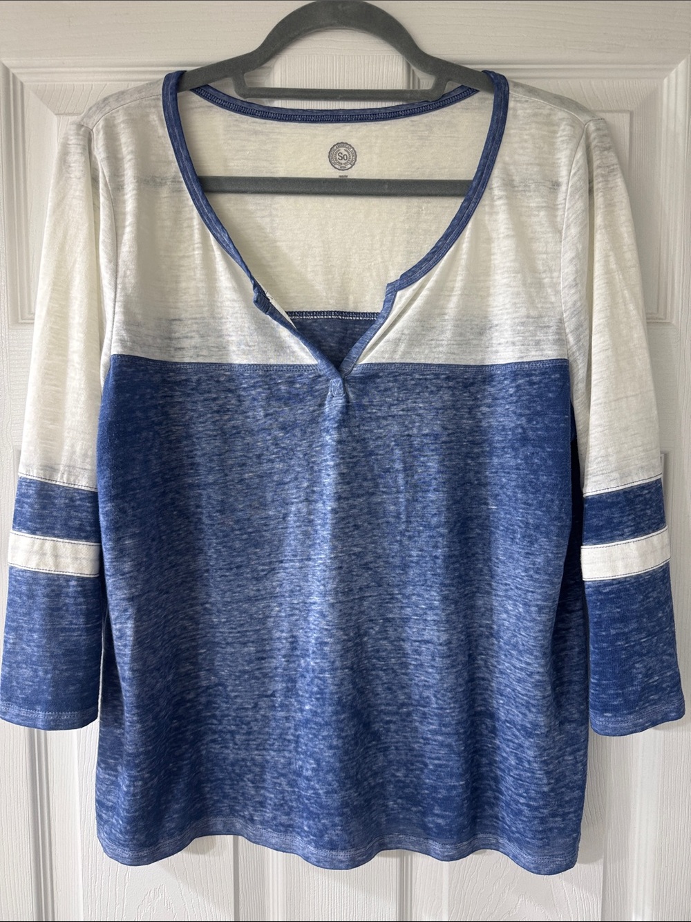 SO Blue and White Colorblock Henley Long Sleeve Top